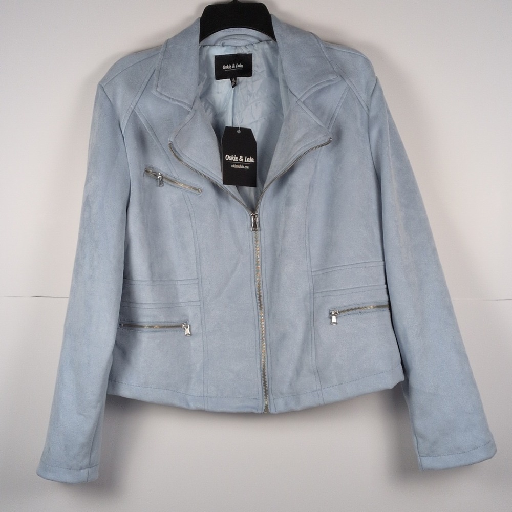 Ookie & Lala Blue Faux Suede Cropped Moto Jacket Size XL